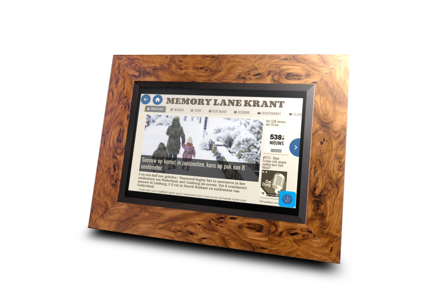 Memory Lane newspaper with large lettering and podcast selection